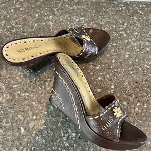 BCBGirls Barke Brown Leather Wedge Slide Sandals Heels